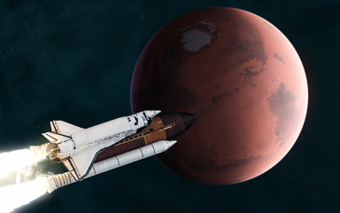 Wall Mural - space shuttle flies in front of mars. solar system. 3d render. science fiction. elements of this ima