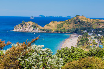 View on Hahei beach on northern island of New Zealand in summer