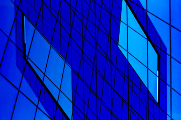 Poster - Double exposure photo of modern architecture fragment with glass wall, ceiling or roof made of checkered transparent panels. Structural glazing. Abstract geometric background with grid pattern.