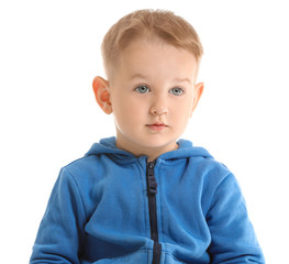 Portrait of cute little boy on white background