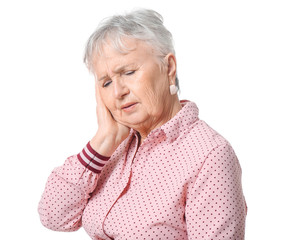 Sticker - Senior woman suffering from toothache on white background