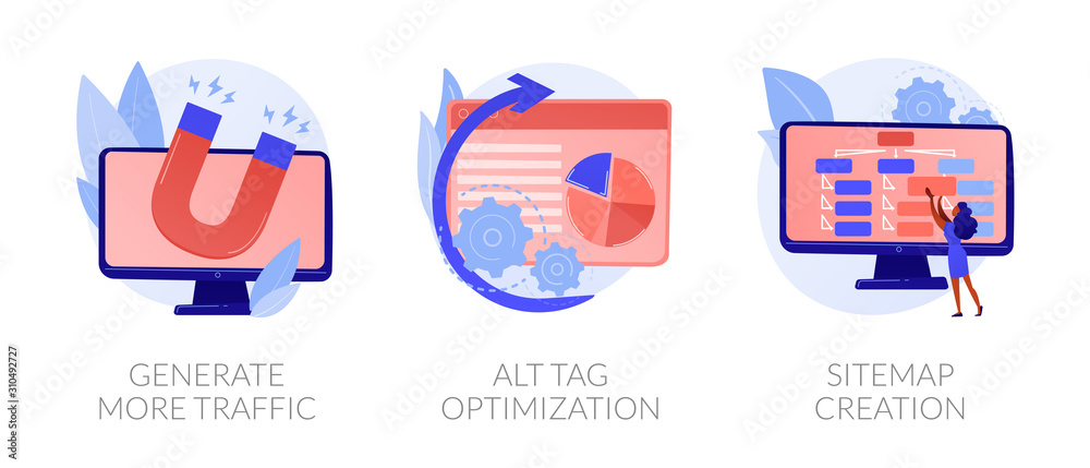 Website promotion services icons set. Search engine optimization business. Generate more traffic, alt tag optimization, sitemap creation metaphors. Vector isolated concept metaphor illustrations. - obrazy, fototapety, plakaty 