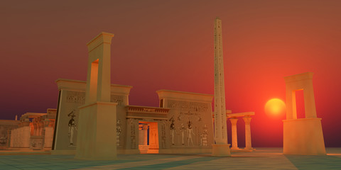 Wall Mural - ancient egyptian temple - a tall obelisk stands in front of an egyptian temple in honor of one of th