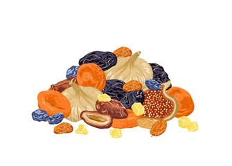 Wall Mural - Mix of dried fruits isolated on white background. Pile of dried dates, figs, raisins, prunes and dried apricots. Vector illustration of organic healthy food, natural sweets in cartoon flat style.