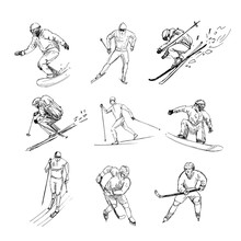 Winter Sports. Snowboarder, Skier, Hockey Player. Set Of Black Outlines With Transparent Background