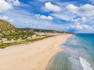 Wall Mural - Aerial View of Golden Beach the best beach of Cyprus, Karpas Peninsula, North Cyprus. Travel concept and idea. Beautiful tropical beach. Golden sands. North Cyprus, Golden Beach.