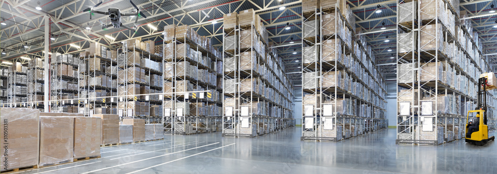 Goods monitoring by Drone in a Huge distribution warehouse with high shelves - obrazy, fototapety, plakaty 