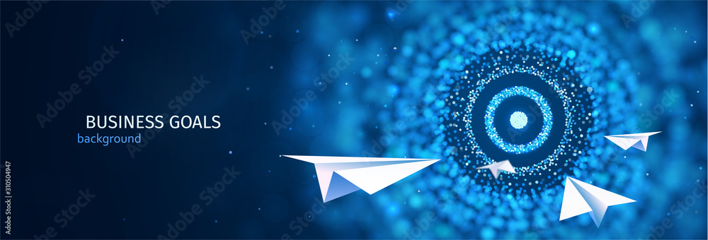 Business goal solution concept. Paper planes flies to the abstract target vector web banner. ESP 10 - obrazy, fototapety, plakaty 
