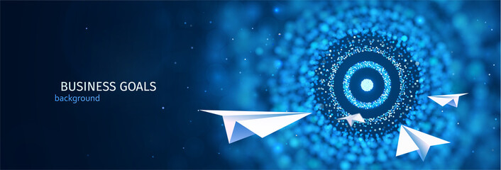 Business goal solution concept. Paper planes flies to the abstract target vector web banner. ESP 10