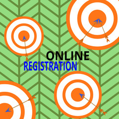 Poster - Handwriting text Online Registration. Conceptual photo registering via the Internet as a user of a product Arrow and round target inside asymmetrical shaped object multicolour design