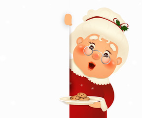 Happy Mrs. Claus cartoon character isolated on white background. Christmas Cute wife Mrs Claus waving hands and greeting with cookies. Mrs Claus for winter and new year winter holidays. vector