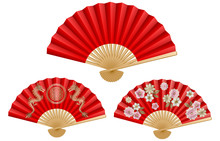 Set Red Chinese Fans With Flowers And Dragons
