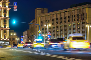 Poster - Moscow, Russia - November, 28, 2019: image of night traffic in Moscow