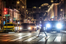 Moscow, Russia - October, 28, 2019: Image Of Pedestrians Crossing Moscow Street In The Evening