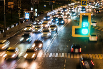 Poster - Moscow, Russia - November, 28, 2019: image of night traffic in Moscow