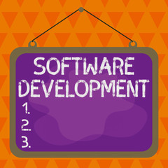 text sign showing software development. business photo showcasing software is created using a specif