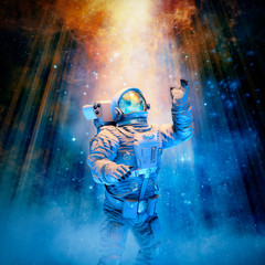 Wall Mural - Reach for the heavens / 3D illustration of science fiction scene with astronaut reaching toward heavenly glow in outer space