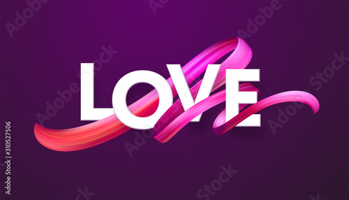 Cut paper letters of the word Love on red color paint ribbon background. Flow...