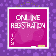 Poster - Writing note showing Online Registration. Business concept for registering via the Internet as a user of a product Asymmetrical uneven shaped pattern object multicolour design