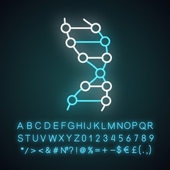 Wall Mural - DNA helix neon light icon. Z-DNA. Connected dots, lines. Deoxyribonucleic, nucleic acid. Molecular biology. Genetic code. Glowing sign with alphabet, numbers and symbols. Vector isolated illustration