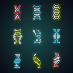 Wall Mural - DNA double helix neon light icons set. Deoxyribonucleic, nucleic acid structure. Chromosome. Molecular biology. Genetic code. Genome. Genetics. Medicine. Glowing signs. Vector isolated illustrations