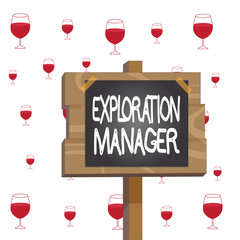 Poster - Text sign showing Exploration Manager. Business photo showcasing lead and operate the mining company s is exploration Wood plank wooden stick pole paper note attached adhesive tape empty space