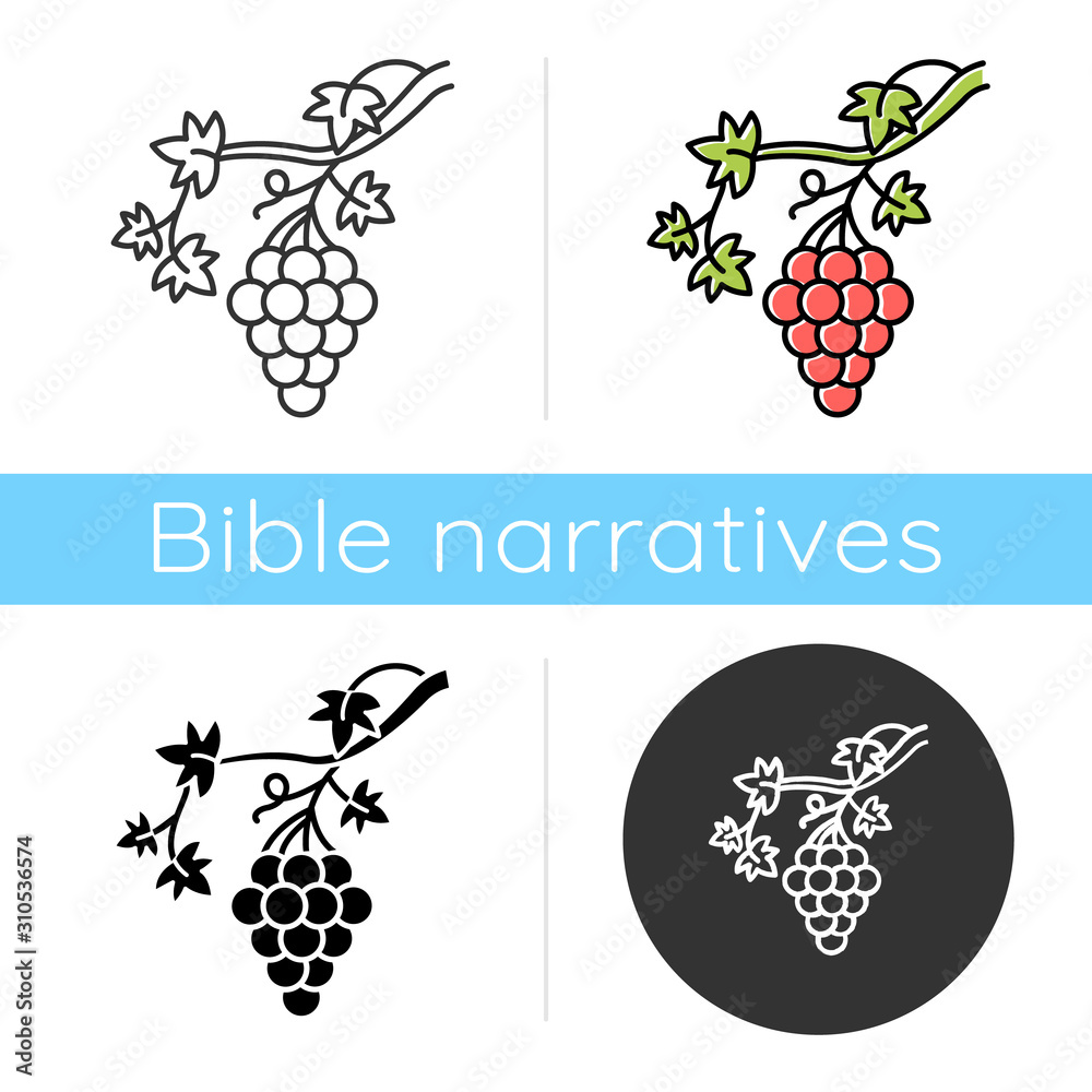 Grapevine icon. Brush of grapes on branch. Viticulture, winemaking. Symbol of wealth, abundance, prosperity and fertility. Flat design, linear and color styles. Isolated vector illustrations