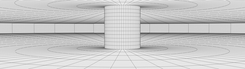 Poster - Vortex. Vector perspective curved grid. Wireframe abstract tunnel. 3D vector wormhole with a mesh structure.