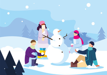 Sticker - group of people with snowman in winter landscape