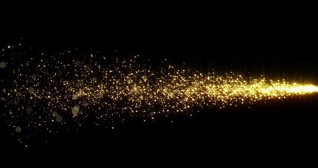 Wall Mural - Golden glitter light tail, sparkling shining comet trace with glare effect. Gold glittering magic shimmer, glowing golden light sparks and particles flare on black background