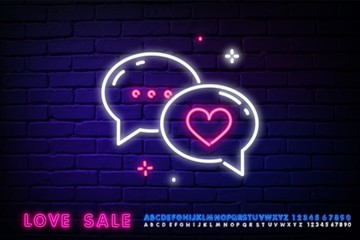 Neon Message heart shaped in speech bubble. Communication, conversation, message, chat design. Night bright neon sign, colorful billboard, light banner. Vector illustration in neon style.