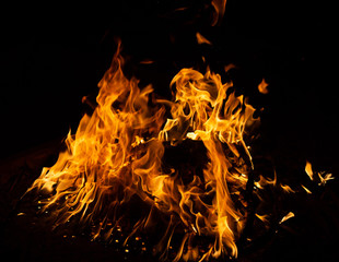 Fire flame caused by burning of wood on a black background