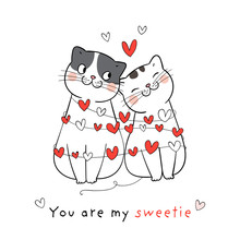 Draw Couple Love Of Cat With Little Heart For Valentine's Day.
