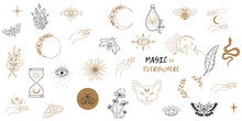 Vector Witch Magic Design Elements Set. Hand Drawn, Doodle, Sketch Magician Collection. Witchcraft Symbols. Perfect For Tattoo, Textile, Cards, Mystery