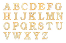 English Alphabet Letters Set Over White Background. Set Of Flat Wood Character Font.