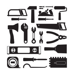 Different construction tools black glyph icons set