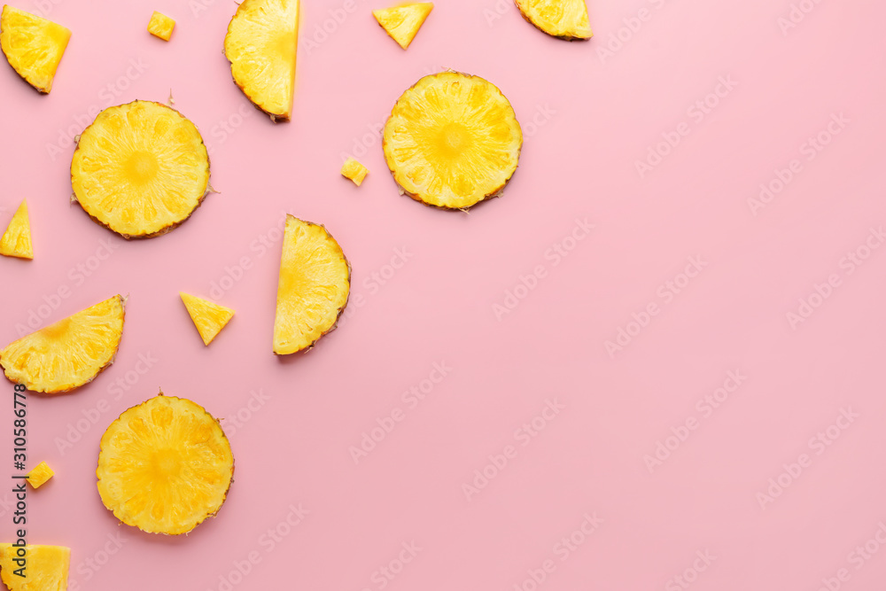 Fresh ripe cut pineapple on color background