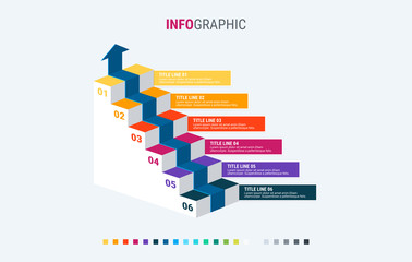 Infographic template. 6 colorful options. Stairs infographic. Design with beautiful colors. Vector timeline elements for presentations Warm palette.