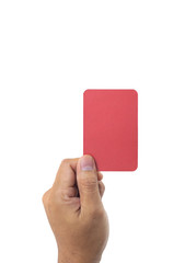 left hand up Raise a red card isolate on white background