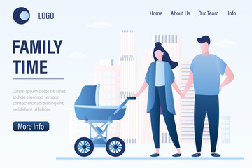 Wall Mural - Family time landing page template. Happy love couple with baby stroller. Urban view on background.