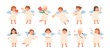 Cute baby angels flat vector illustrations set. Adorable little children with wings cartoon characters. Cheerful boys and girls holding different items. Angelic beings isolated on white background.
