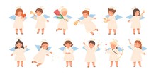 Cute Baby Angels Flat Vector Illustrations Set. Adorable Little Children With Wings Cartoon Characters. Cheerful Boys And Girls Holding Different Items. Angelic Beings Isolated On White Background.