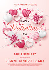 Wall Mural - valentine's day poster template with 3d hearts, shining lights and gift box. vector illustration