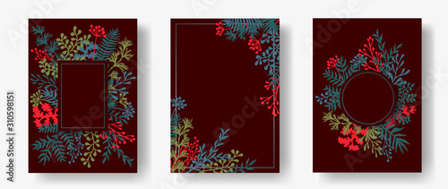 Cute herb twigs, tree branches, leaves floral invitation cards collection. Pl...