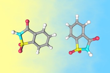 Molecular model of saccharin. Atoms are represented as spheres with conventional color coding: carbon (grey), oxygen (red), nitrogen (light blue), hydrogen (white), sulfur (yellow). 3d illustration