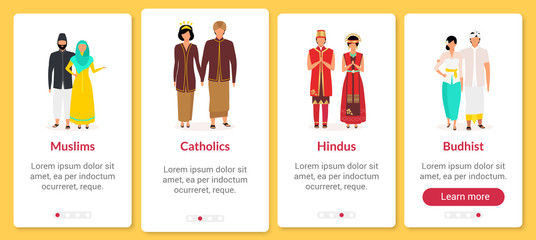 Poster - Indonesian religion onboarding mobile app screen vector template. Muslims, catholics, hindus, buddhist. Walkthrough website steps with flat characters. UX, UI, GUI smartphone cartoon interface concept