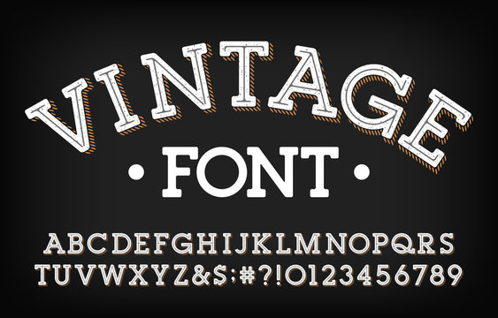 Vintage typeface. Scratched slab serif letters, numbers and symbols. Vector alphabet font for your typography design.