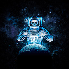 Wall Mural - terror beyond the stars / 3d illustration of science fiction scene with ominous skeleton astronaut r