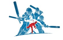 Group Of Cricket Players Action Cartoon Sport Graphic Vector.
