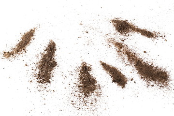 Set dirt, soil pile isolated on white background with clipping path, top view